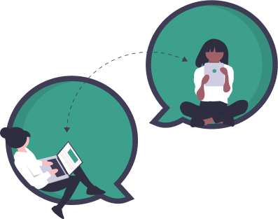 Illustration of two people in different places communicating with each other through electronic devices.